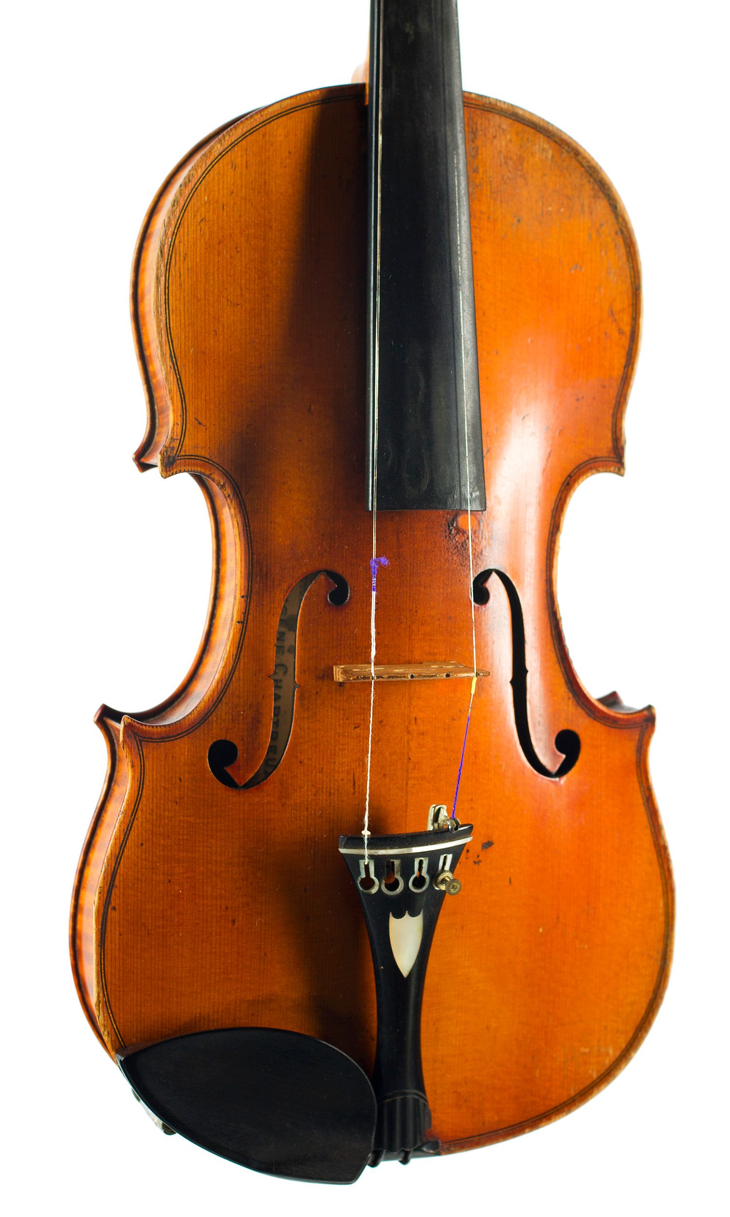 Violin by Eugene Chartreux, Lyon, 1900 — angled view, 20°