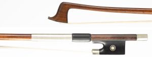 A nickel-mounted violin bow by Marc Laberte, France, circa 1940 — head and frog