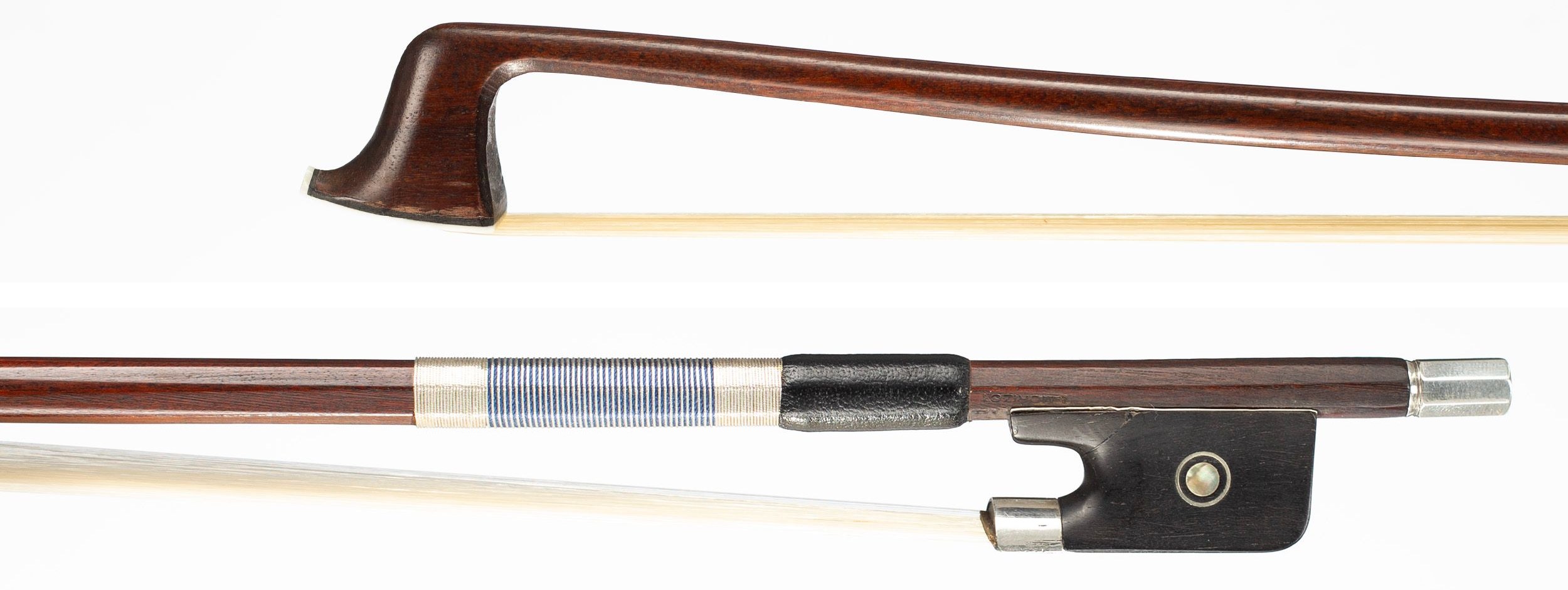 A silver-mounted violin bow by Morizot frères, France, circa 1995 — head and frog