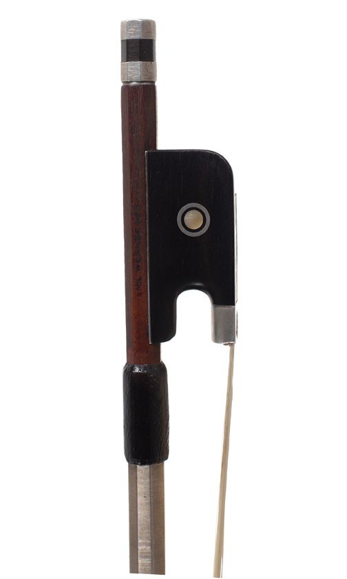 A silver-mounted cello bow by Emil Werner, Germany — frog detail