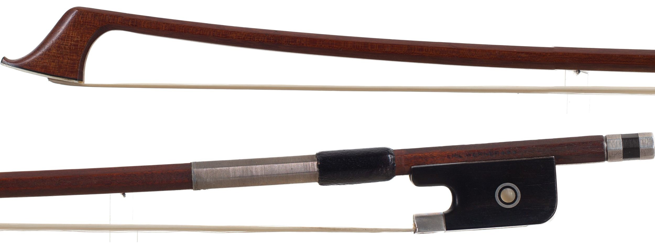 A silver-mounted cello bow by Emil Werner, Germany — head and frog