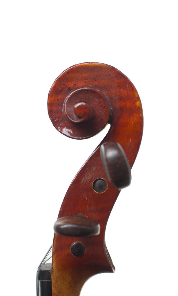 Three-quarter sized-violin, Workshop of Jerome Thibouville-Lamy, Mirecourt, circa 1910 — scroll
