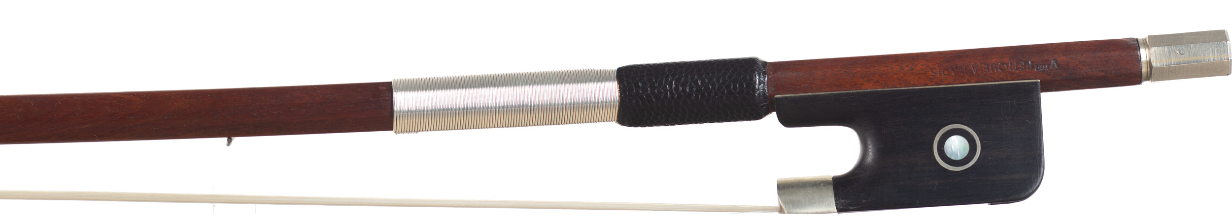 A nickel-mounted cello bow, by Roger François Lotte, France, circa 1960 — frog