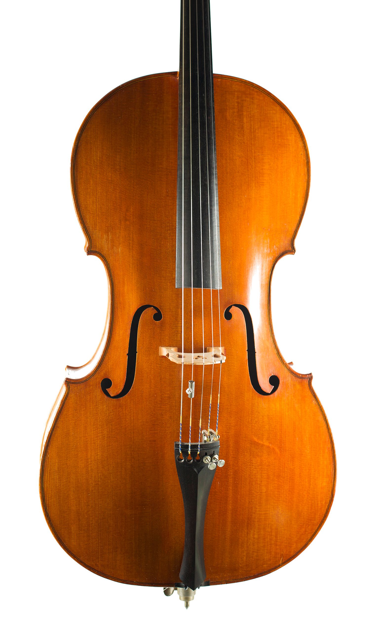 Five-string cello, Workshop of Ian Highfield, Birmingham, 1981 — angled view, 10°