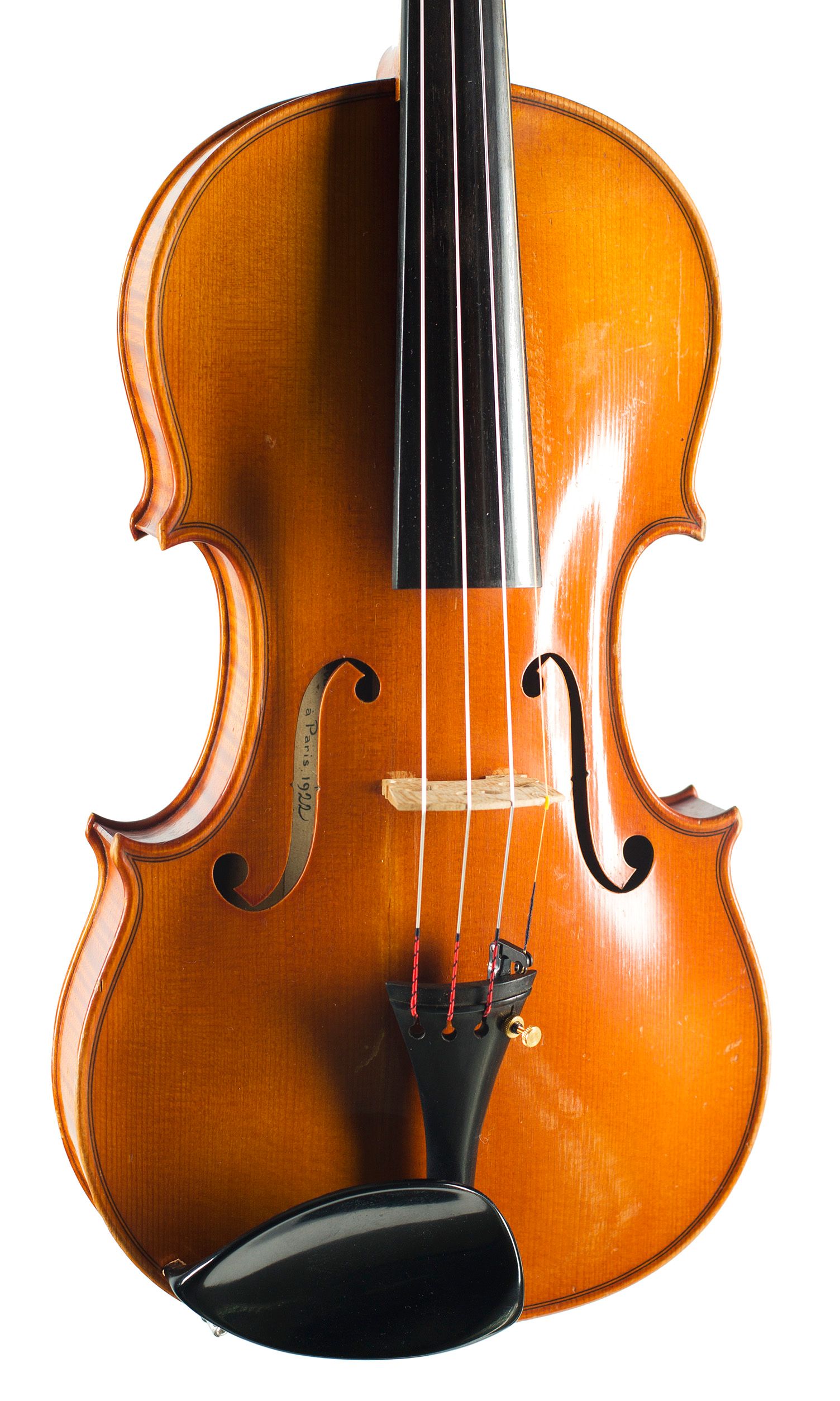 Violin by Amedee Dieudonné, Paris, 1922 — angled view, 20°