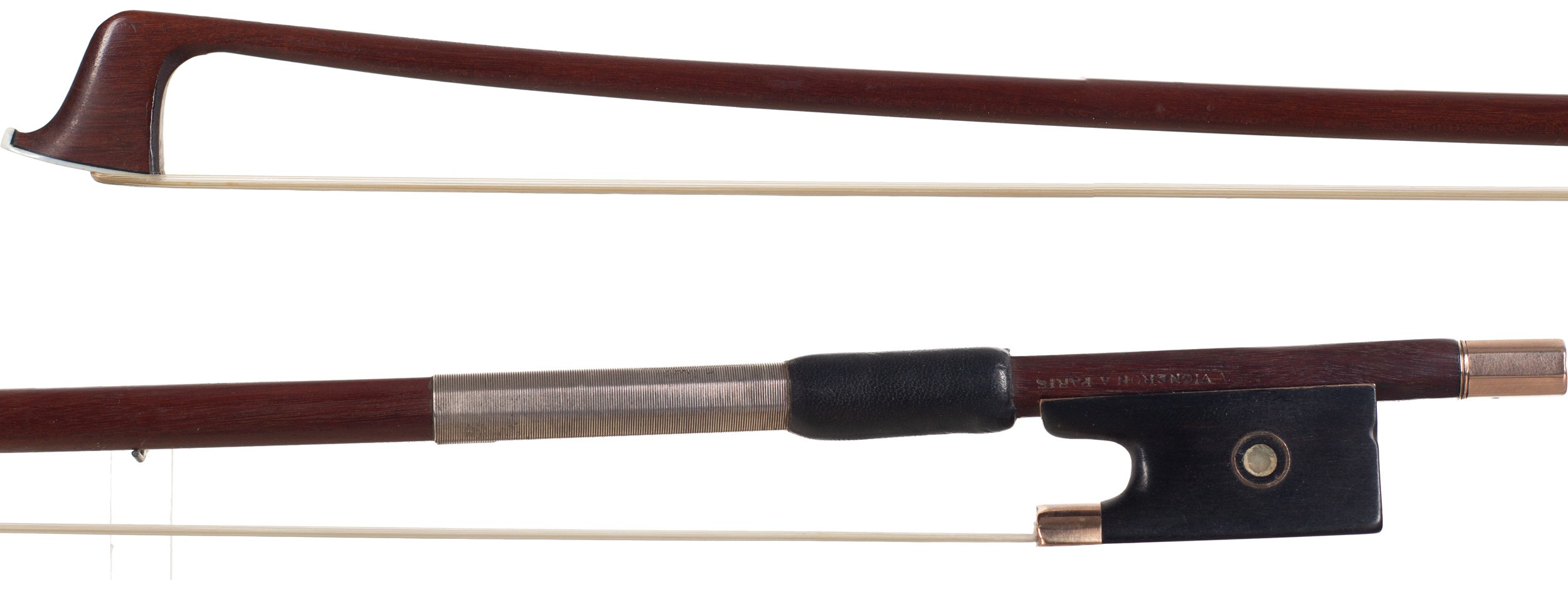 A gold-mounted violin bow by Joseph Arthur Vigneron (Pére), Paris, circa 1895 — head and frog