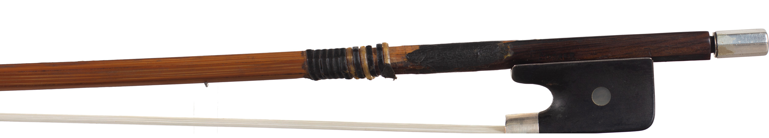 A nickel-mounted cello bow by Lawrence Cocker, Derby, circa 1950 — frog