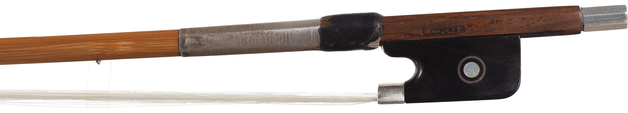 A nickel-mounted cello bow by Lawrence Cocker, Derby, circa 1950 — frog