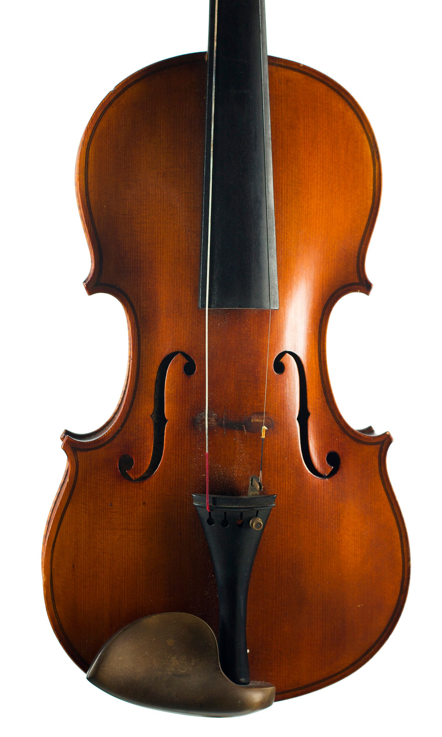 Violin by Heinrich Schwarz, Leipzig, circa 1920 — angled view, 10°
