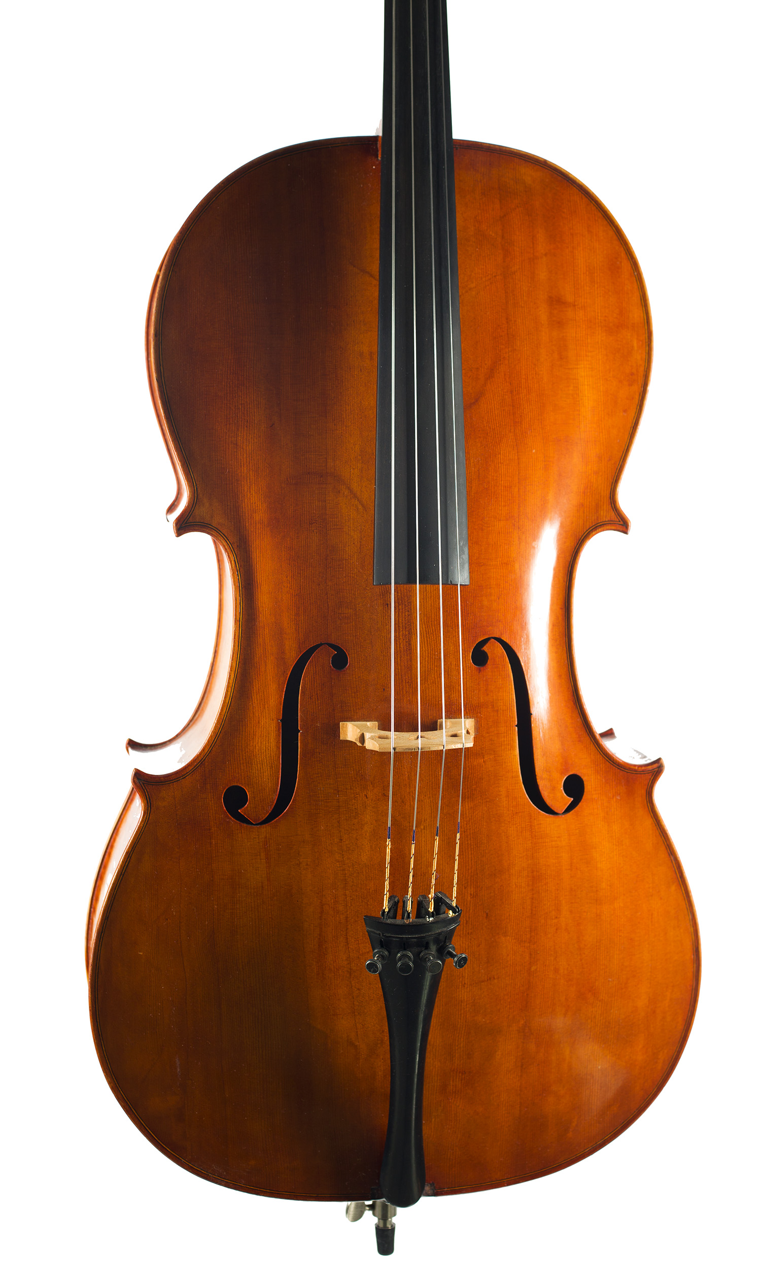 A cello by John Hodinott, Wimbourne, circa 1970 — angled view, 10°