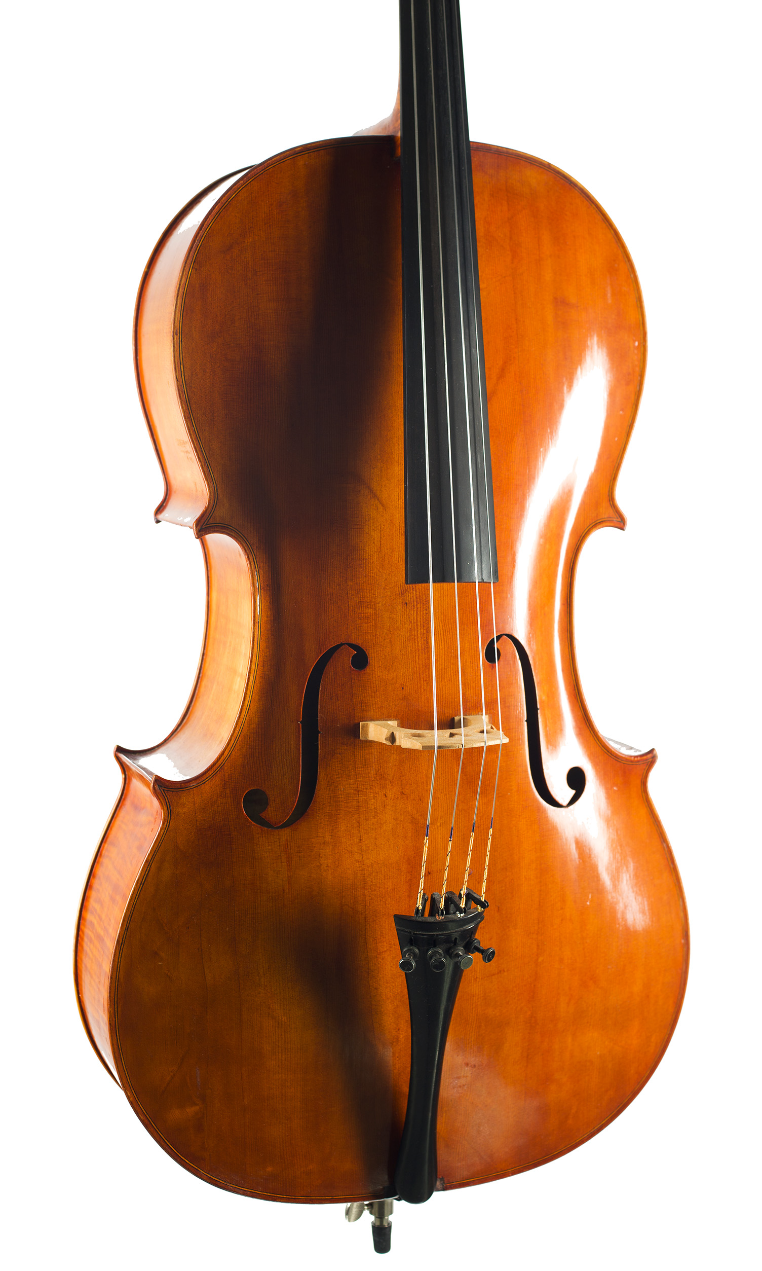A cello by John Hodinott, Wimbourne, circa 1970 — angled view, 20°