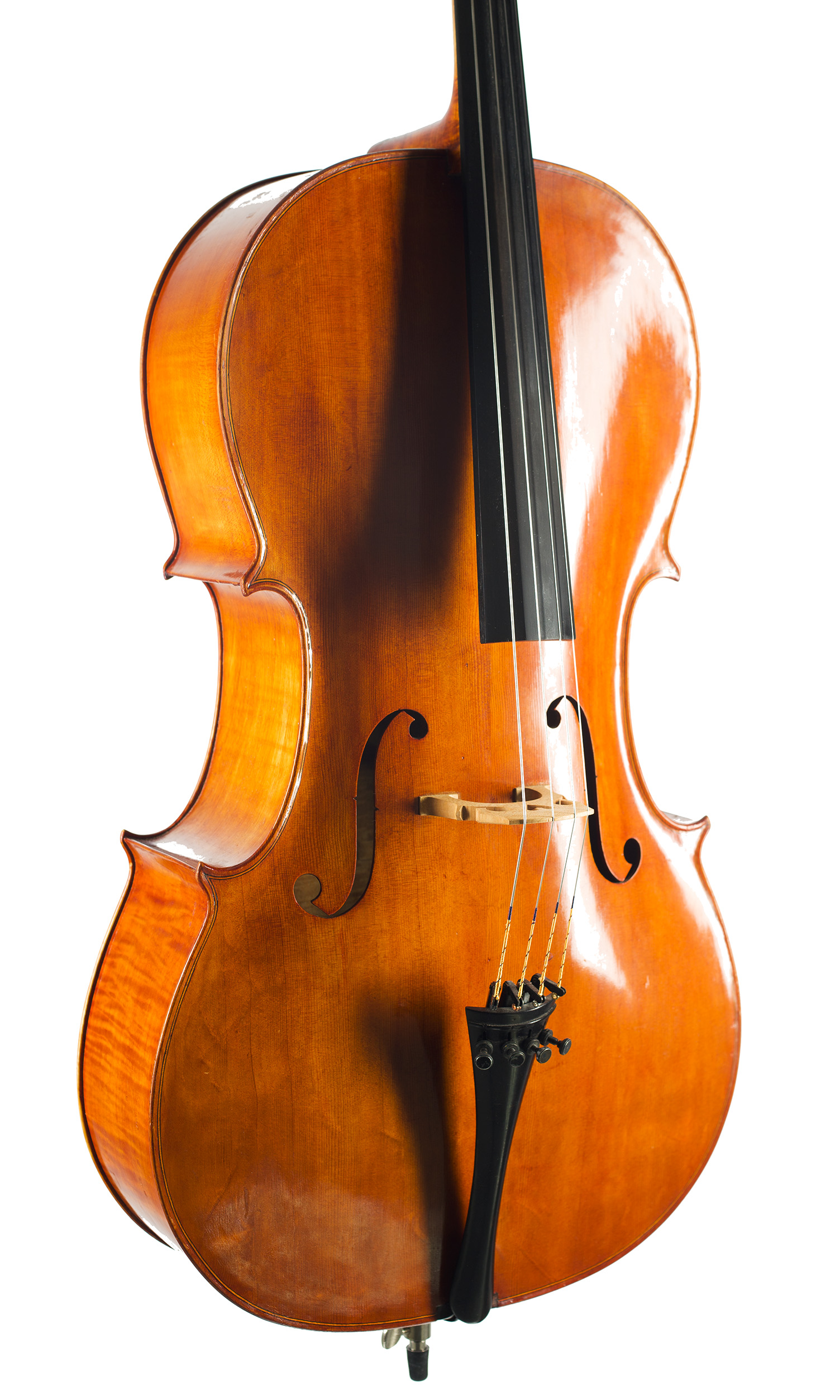 A cello by John Hodinott, Wimbourne, circa 1970 — angled view, 30°