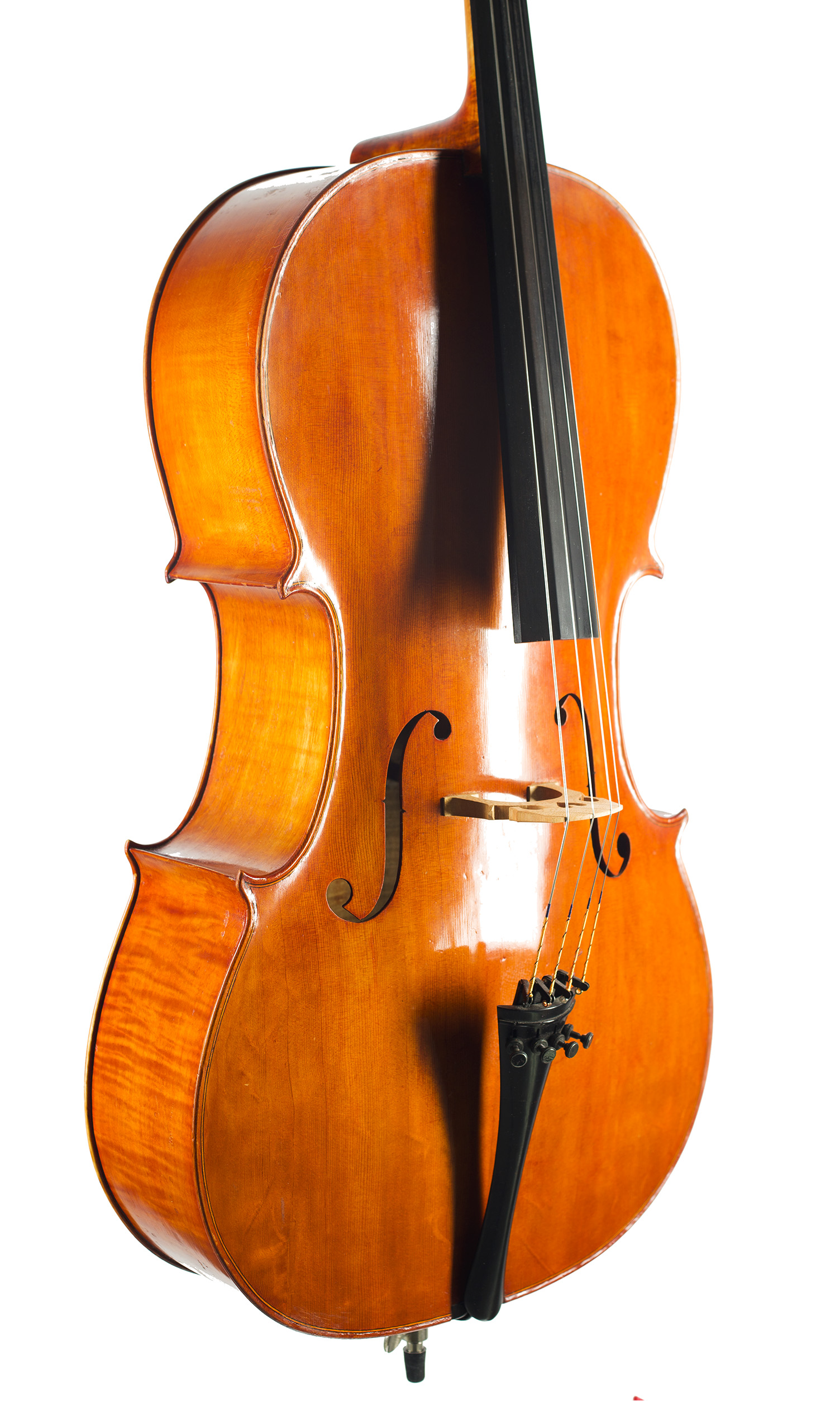 A cello by John Hodinott, Wimbourne, circa 1970 — angled view, 40°