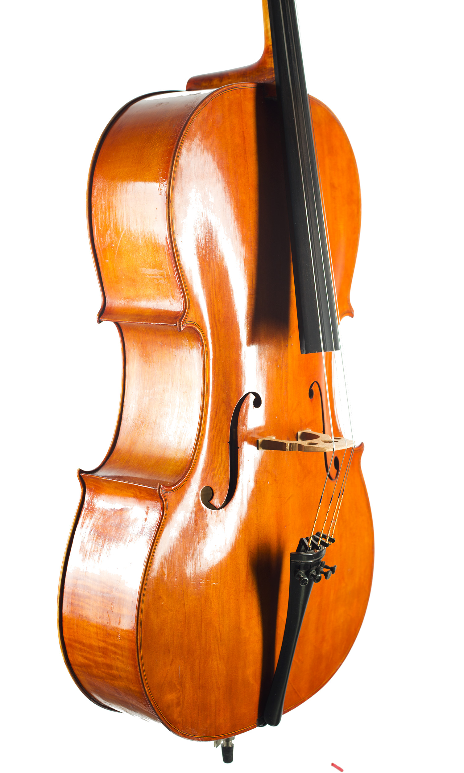 A cello by John Hodinott, Wimbourne, circa 1970 — angled view, 50°