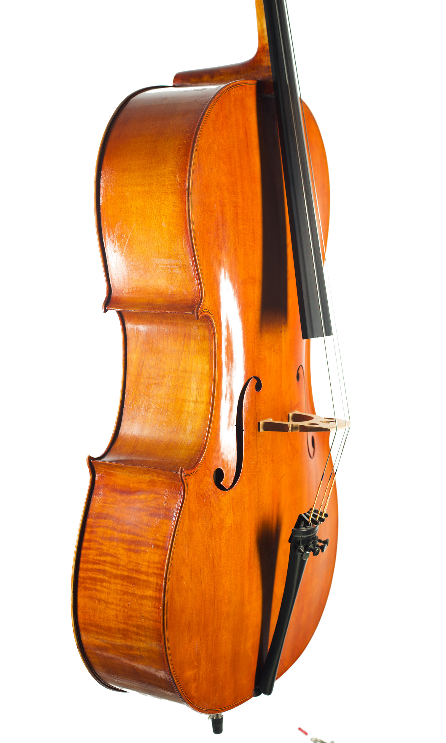 A cello by John Hodinott, Wimbourne, circa 1970 — angled view, 60°