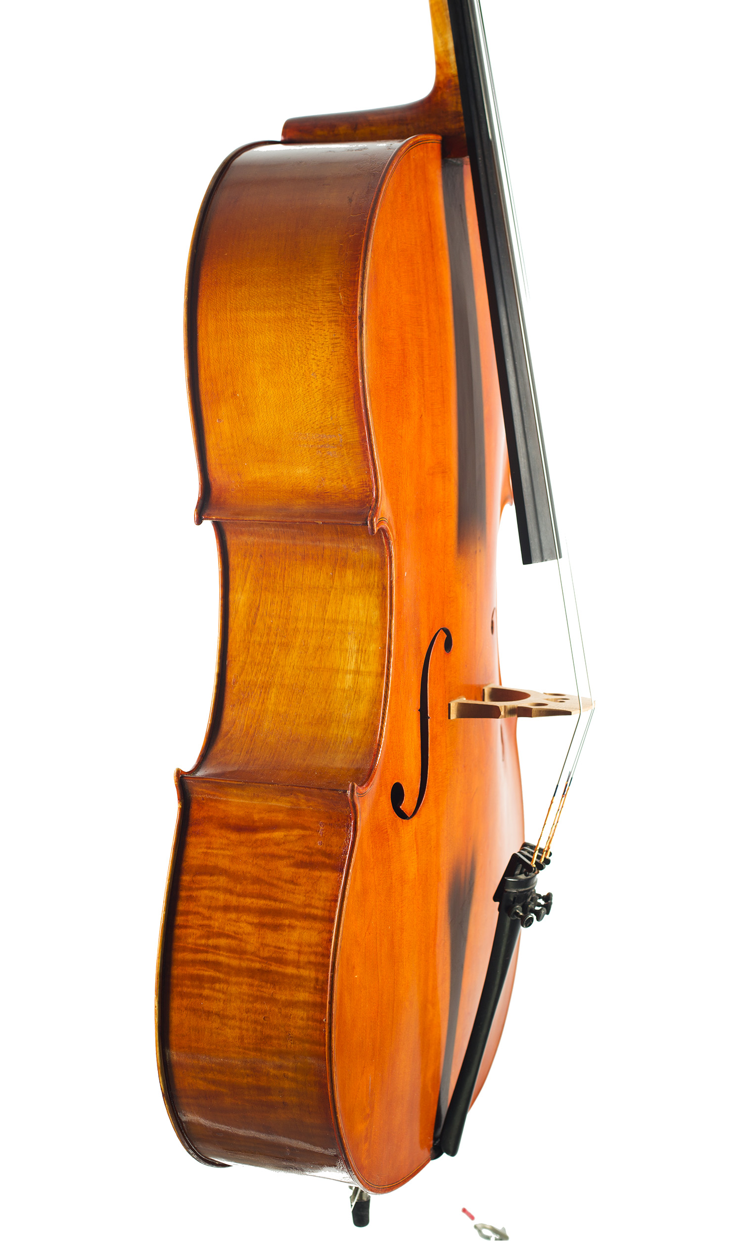 A cello by John Hodinott, Wimbourne, circa 1970 — angled view, 70°