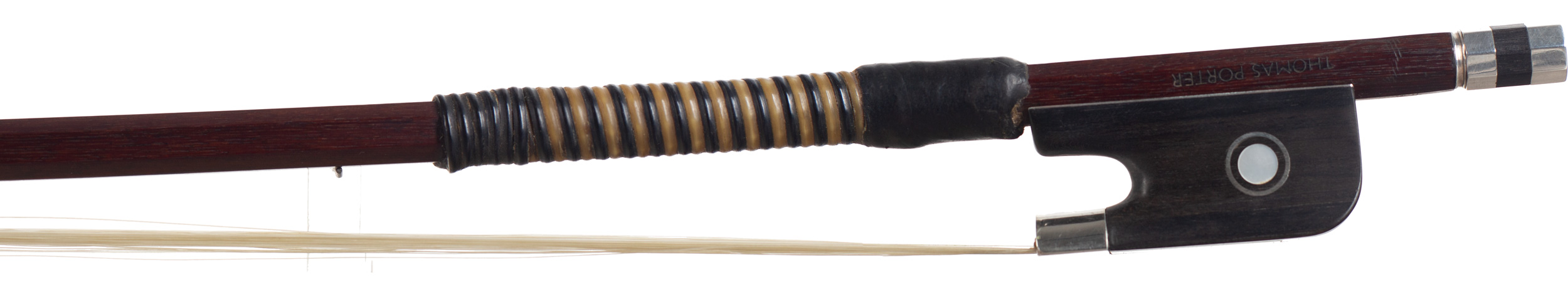 A silver-mounted cello bow by Thomas Porter, circa 1980 — frog