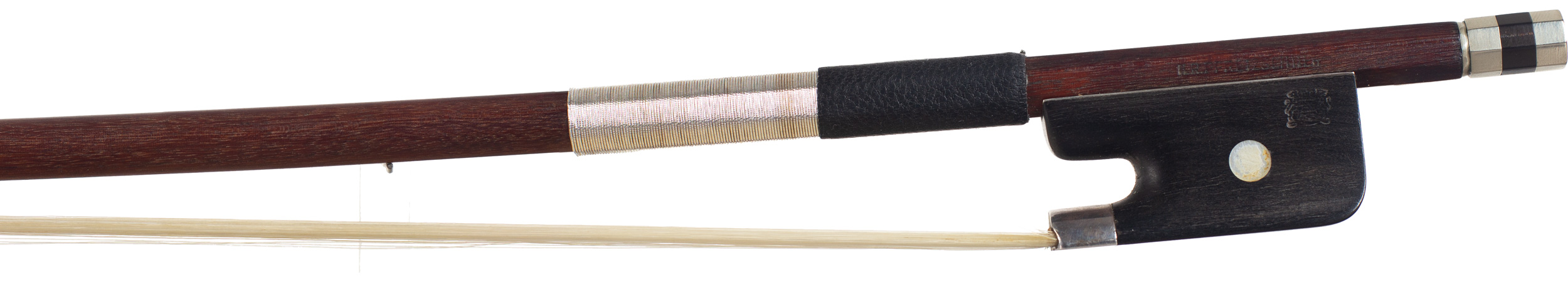A silver-mounted cello bow by Hermann Richard Pfretzschner, Germany — frog