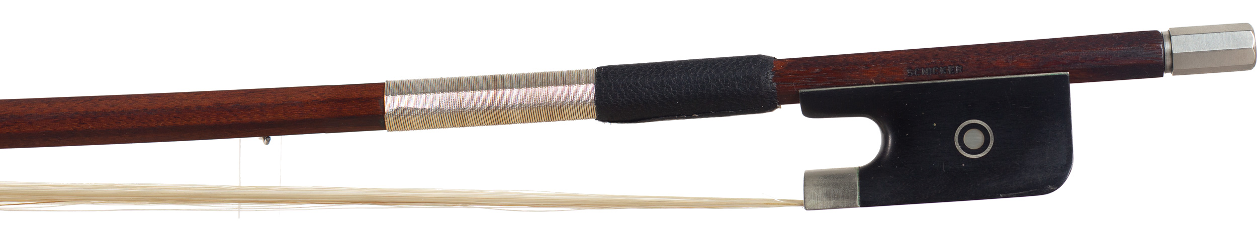 A nickel-mounted cello bow by Schicker, Germany — frog