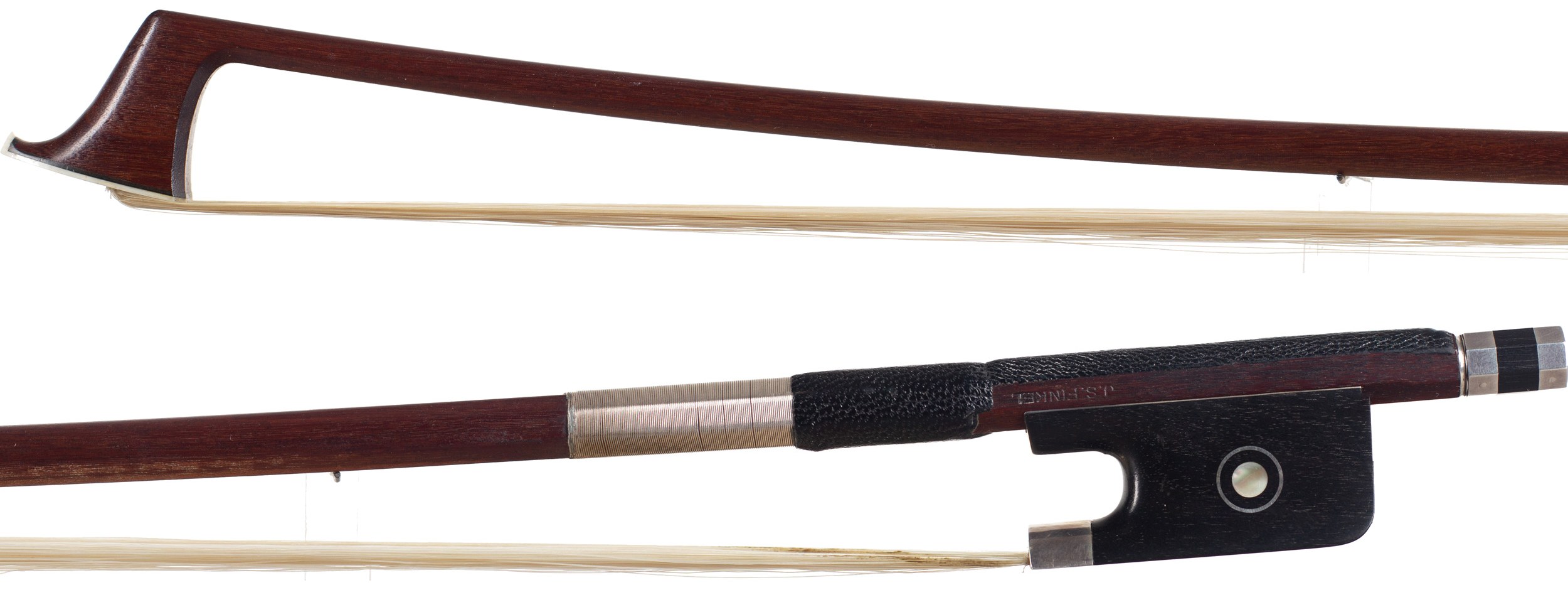 A silver-mounted cello bow by Johann Siegfried Finkel, Oberhasli, circa 1990 — head and frog