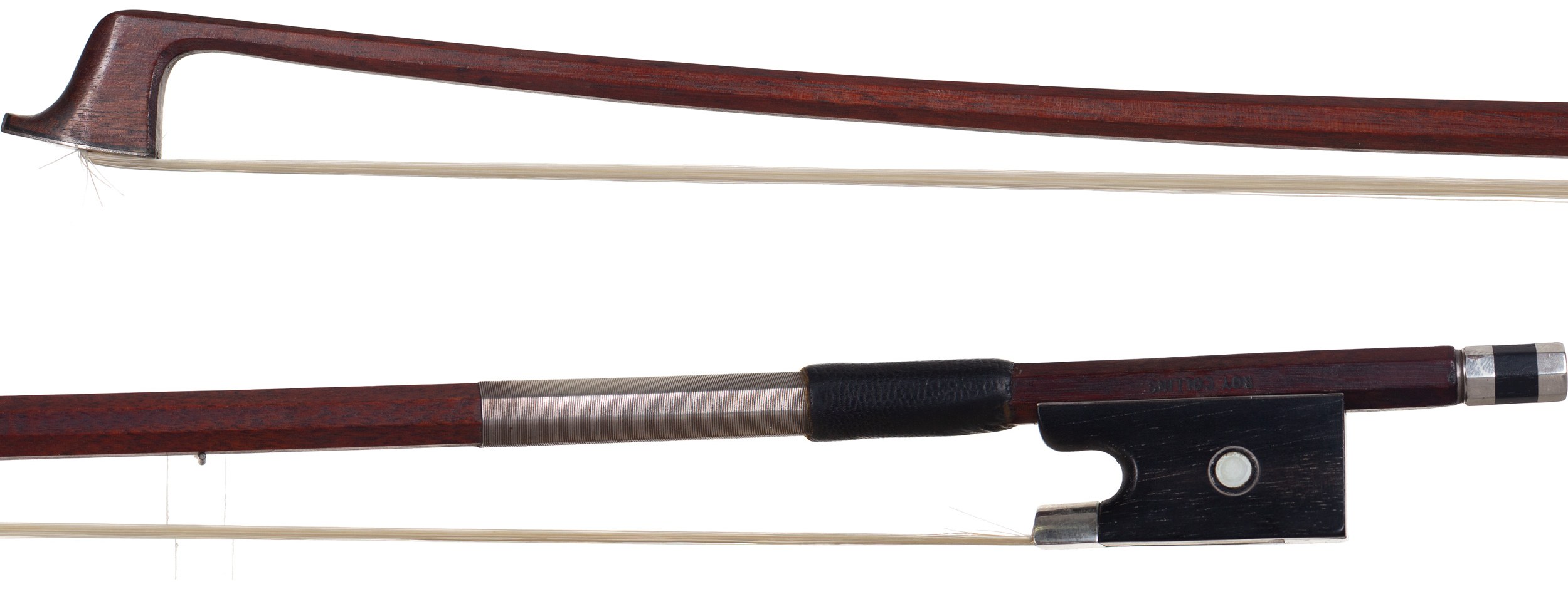 A silver-mounted violin bow by Roy Collins, England — head and frog