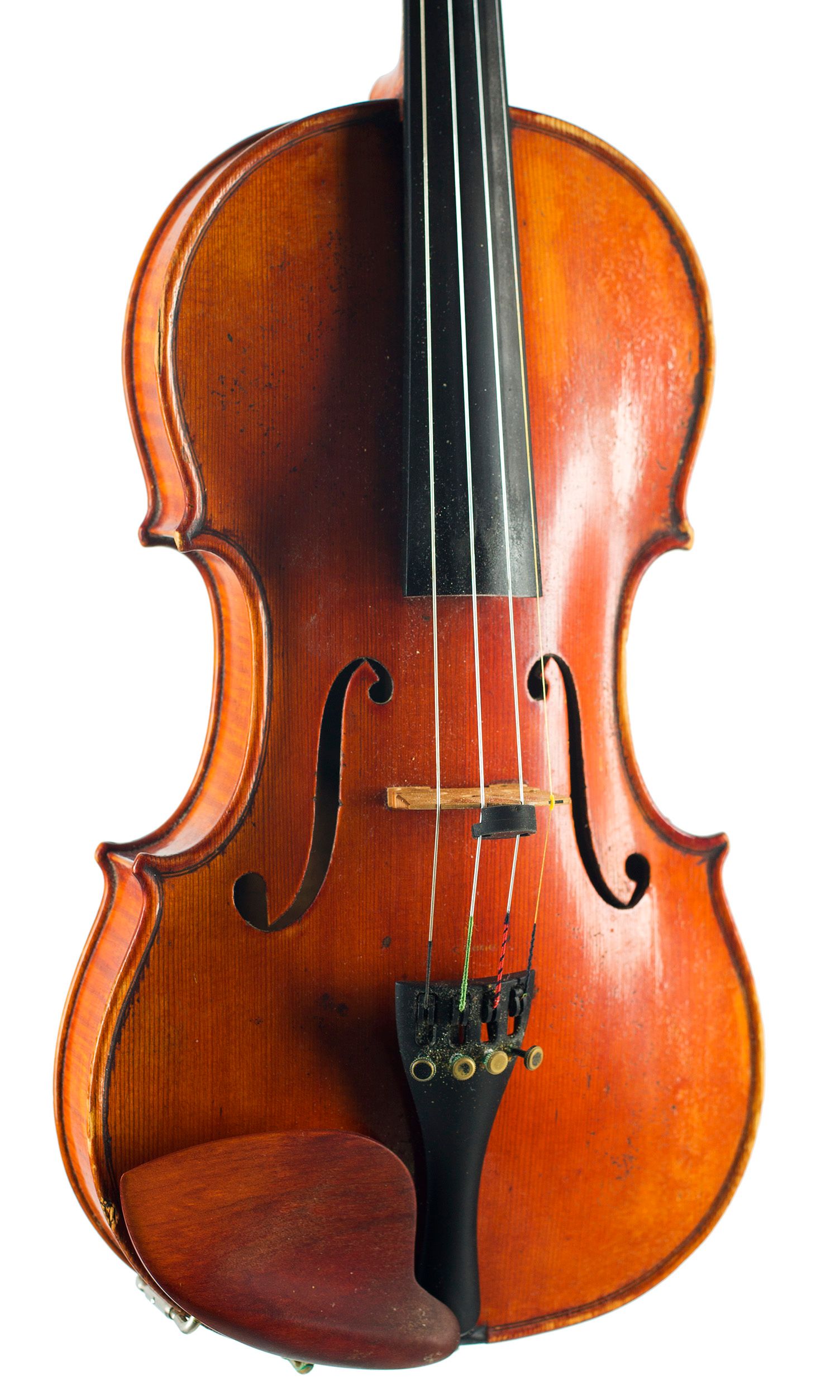 Violin by Leon Victor Mougenot, Mirecourt, circa 1890 — angled view, 20°