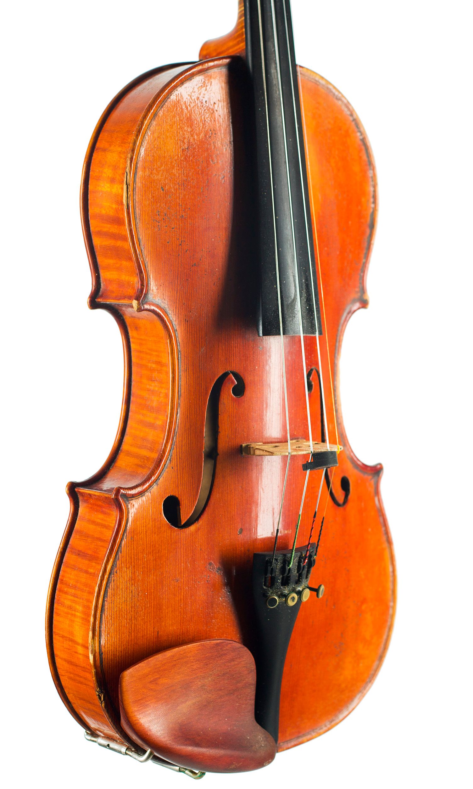 Violin by Leon Victor Mougenot, Mirecourt, circa 1890 — angled view, 40°