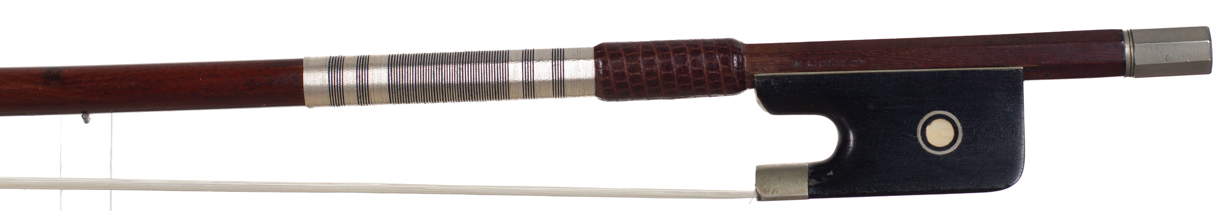 A nickel-mounted violin bow by L. Morizot freres, France, 1955 — frog