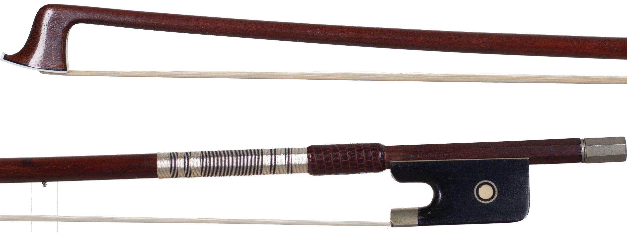 A nickel-mounted violin bow by L. Morizot freres, France, 1955 — head and frog
