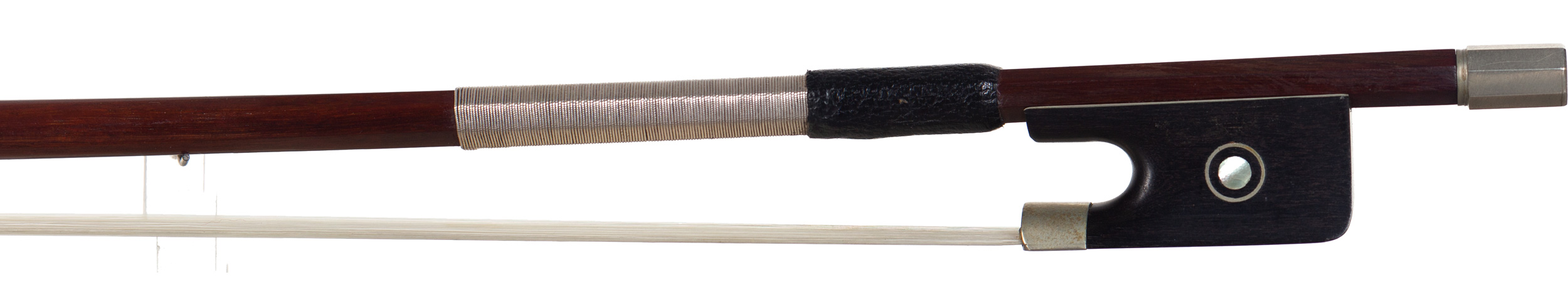 A nickel-mounted violin bow by L. Morizot freres, France, 1955 — frog