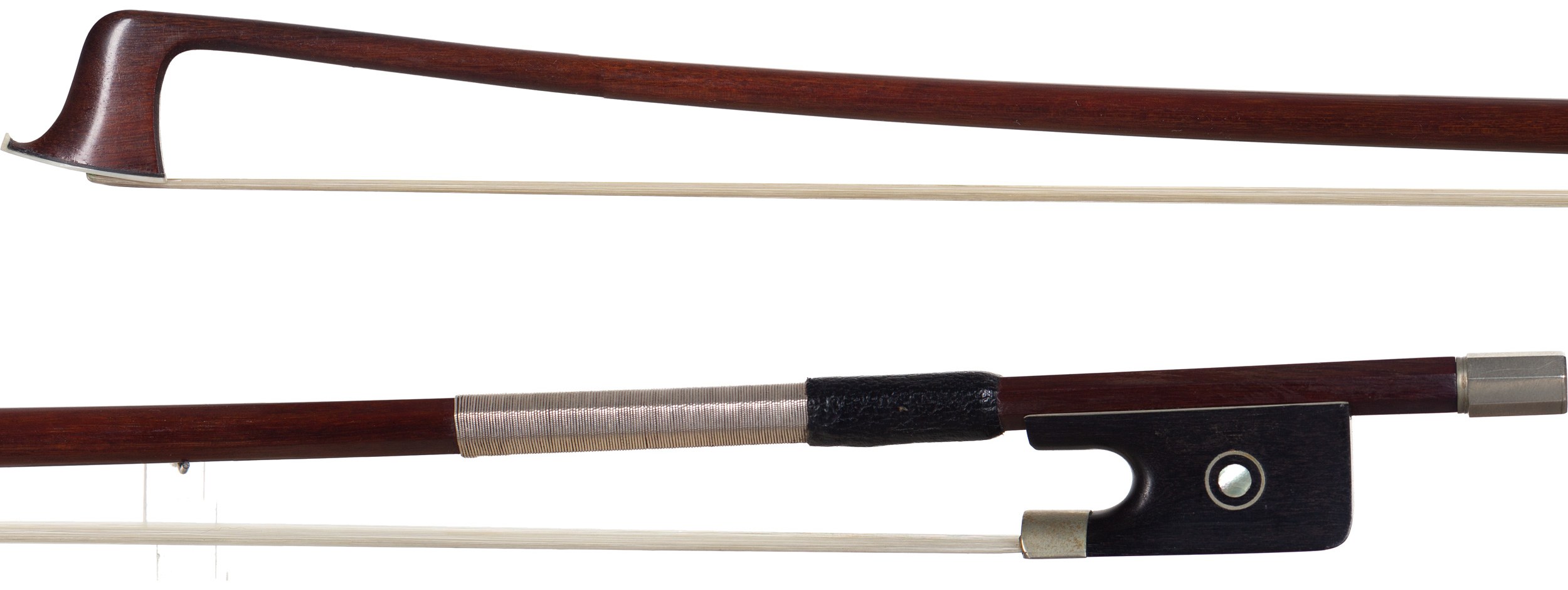 A nickel-mounted violin bow by L. Morizot freres, France, 1955 — head and frog