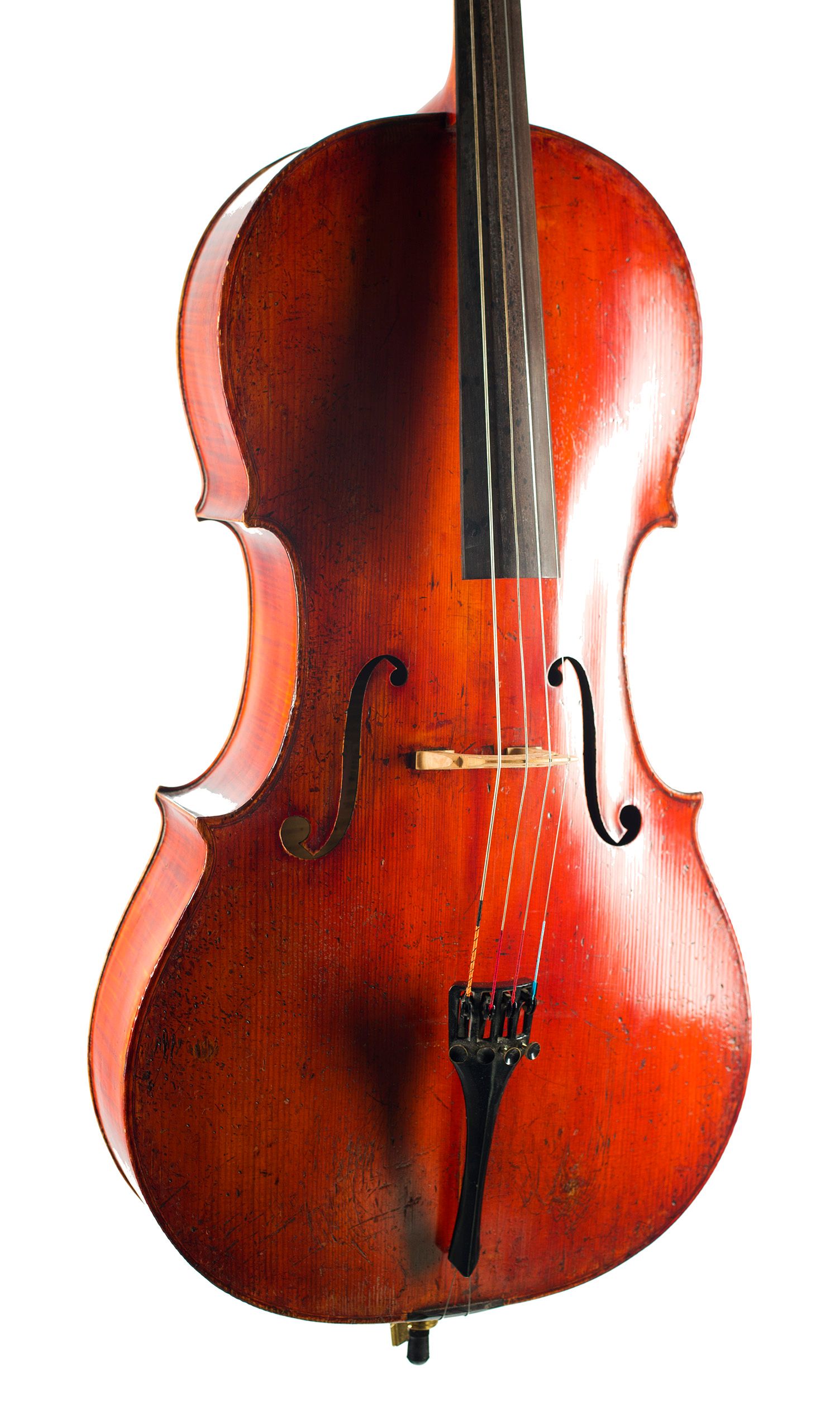 Cello by Louis Noebe, Homburg, 1882 — angled view, 20°