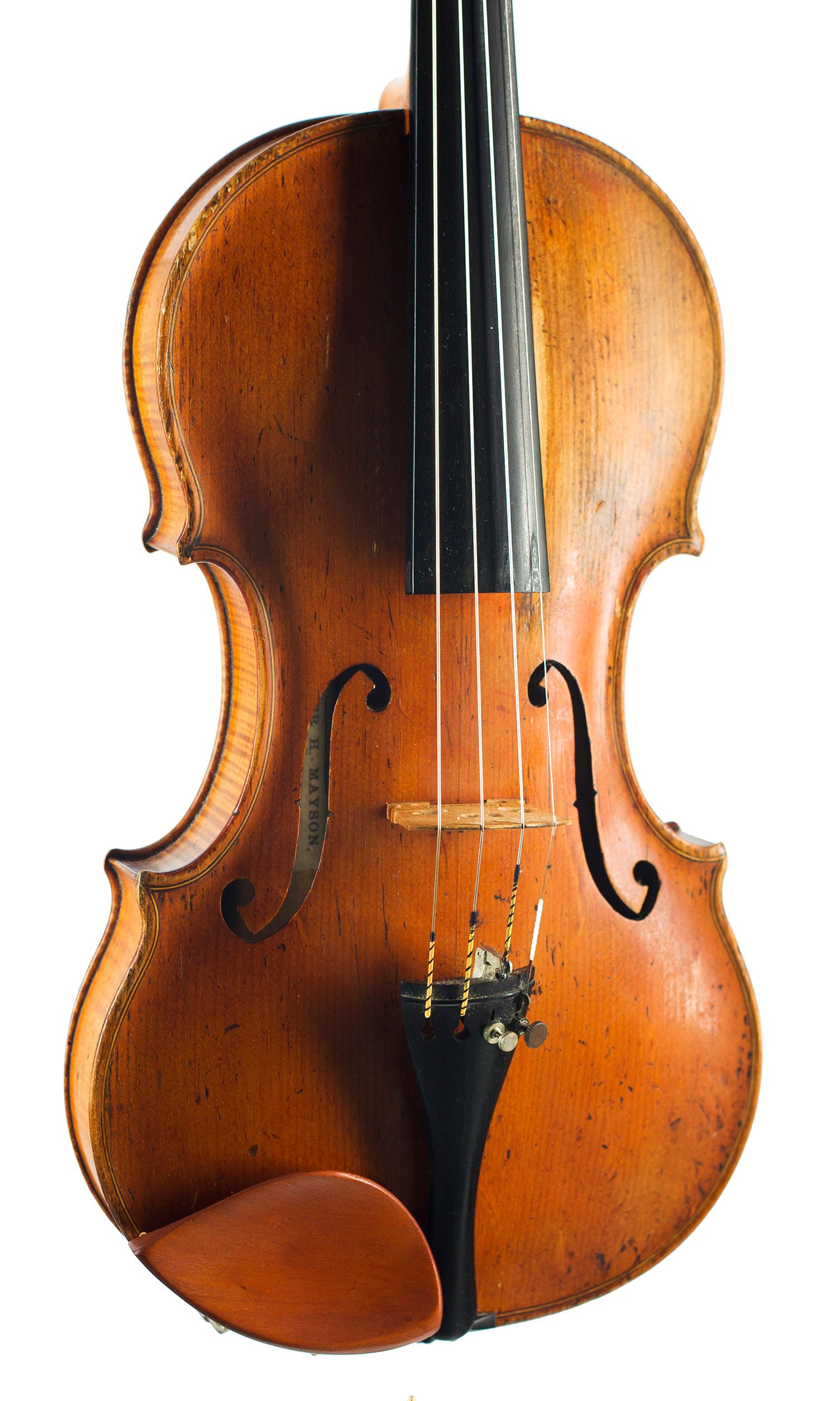Violin by Walter H. Mayson, Manchester, 1890 — angled view, 20°