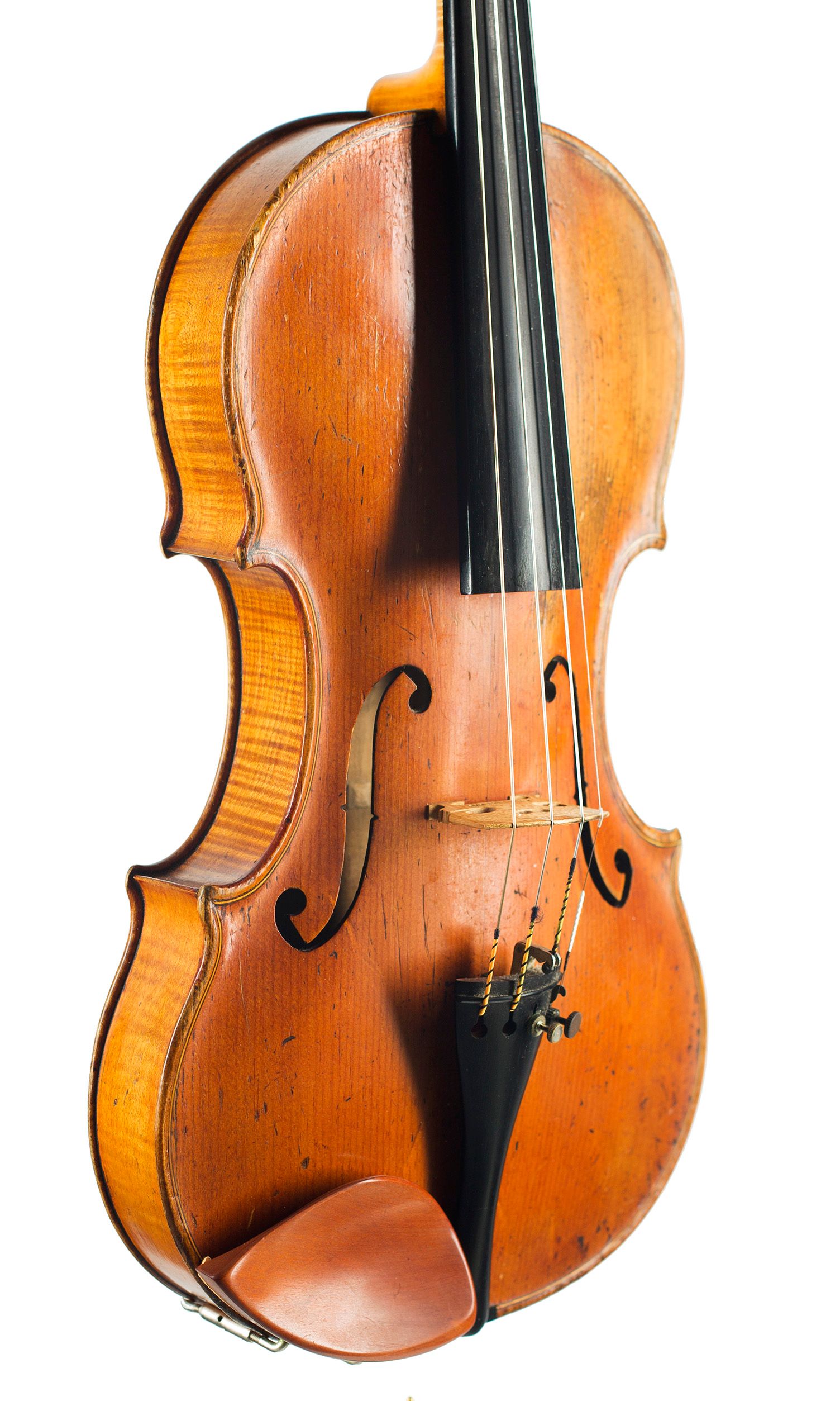 Violin by Walter H. Mayson, Manchester, 1890 — angled view, 40°