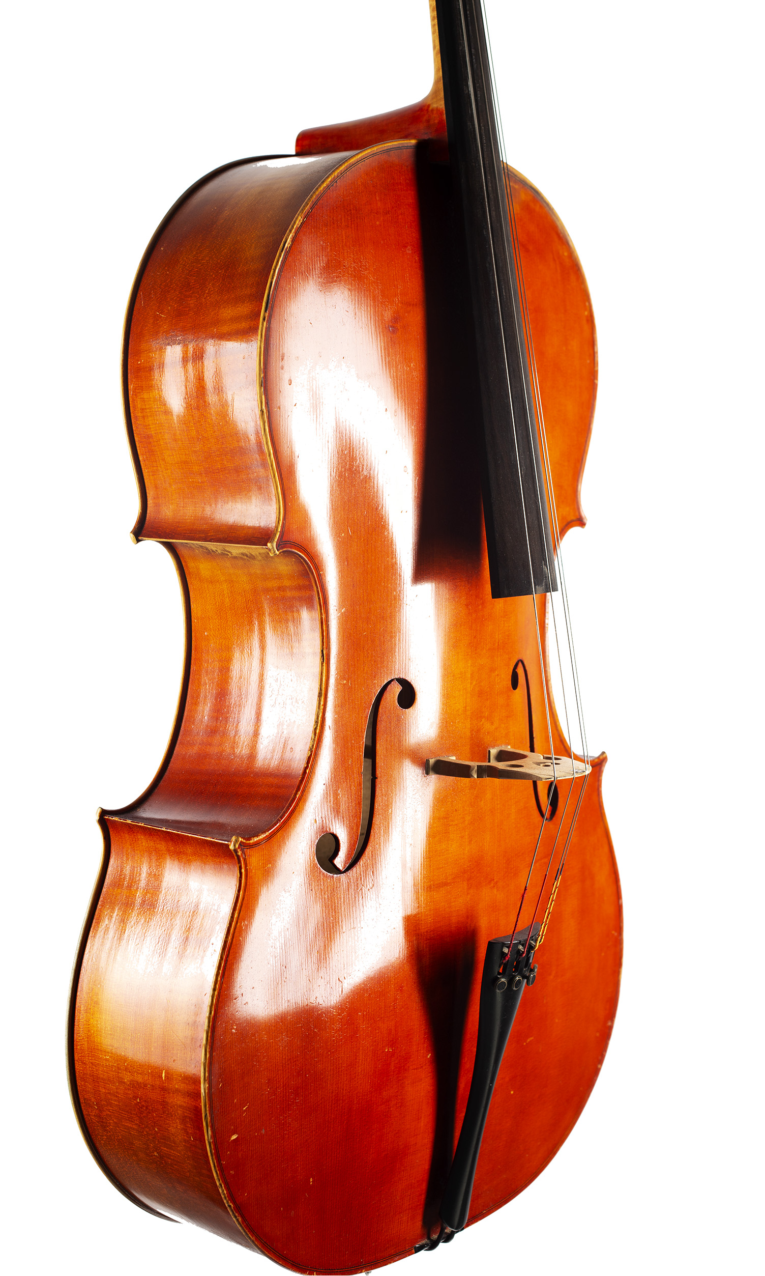 A cello by Clive Morris, Castel-Nedd, 1990 — angled view, 50°