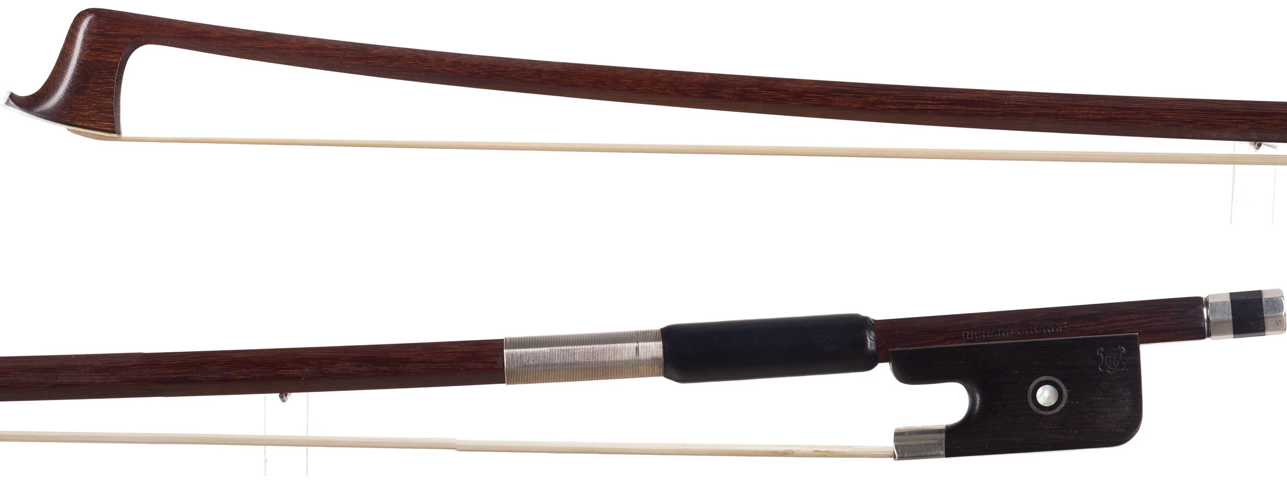 A silver-mounted viola bow by Richard Grünke, Germany — head and frog