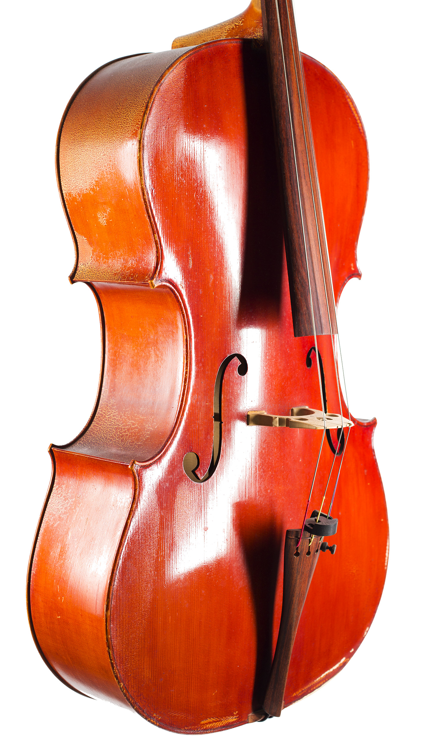 A cello by Donald B. A. Palmer, Cremona, 1976 — angled view, 50°