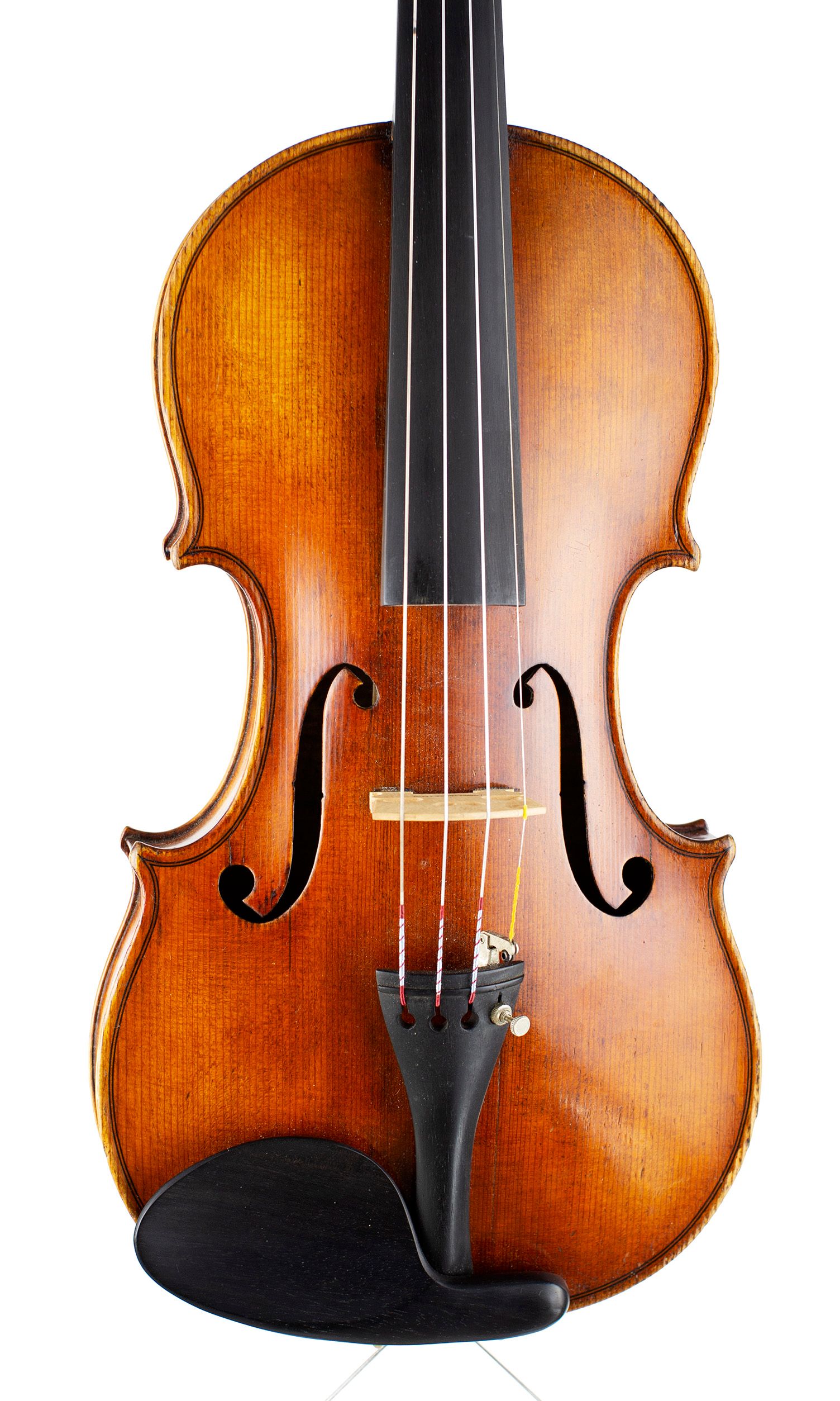 Violin by Amati Mangenot, Bordeaux, circa 1920 — angled view, 10°