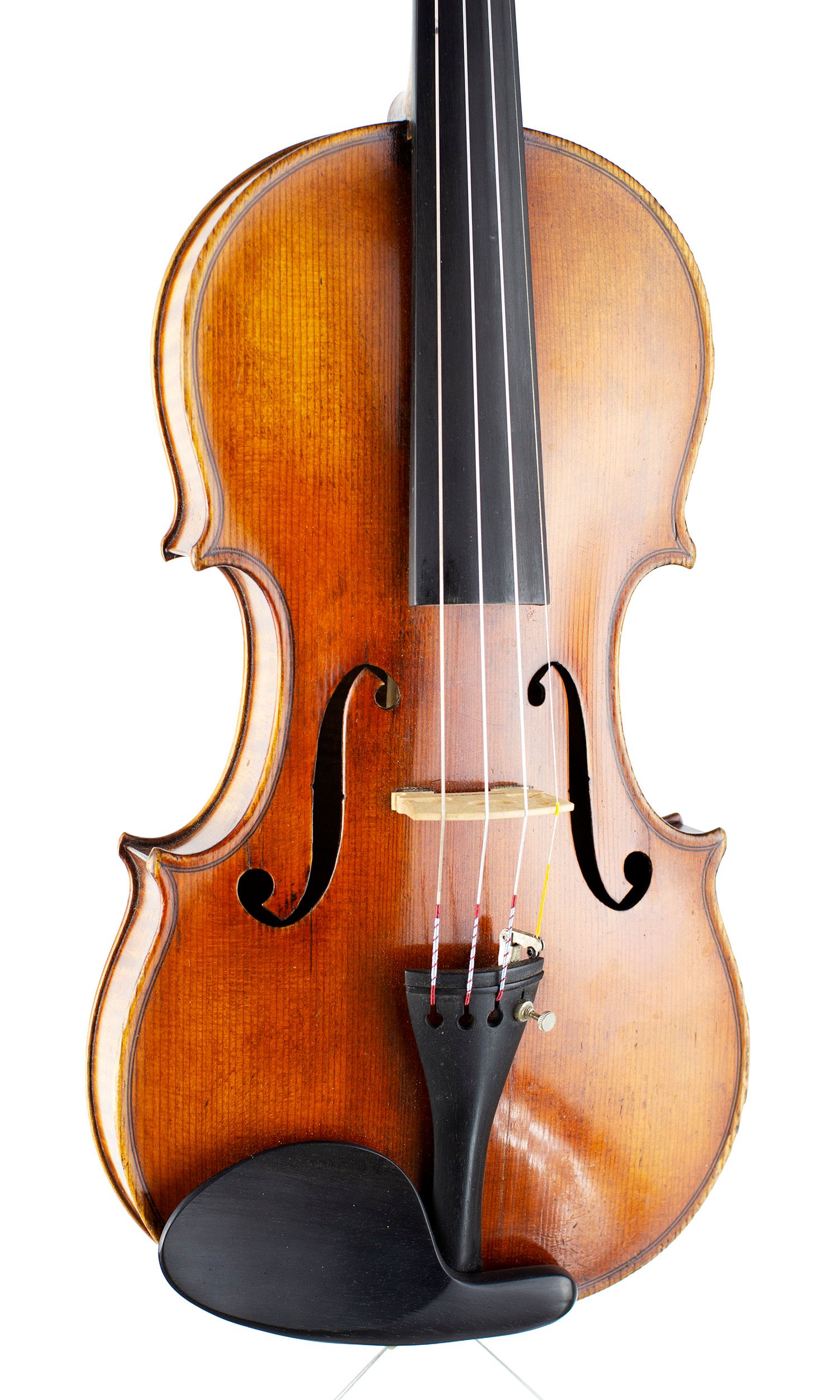 Violin by Amati Mangenot, Bordeaux, circa 1920 — angled view, 20°