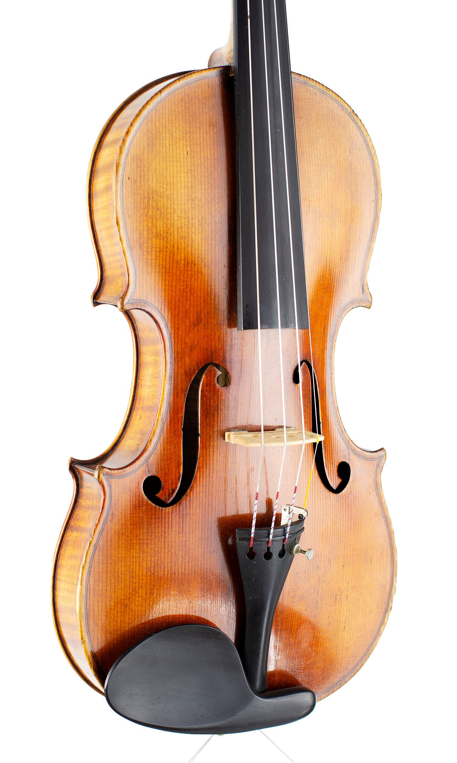 Violin by Amati Mangenot, Bordeaux, circa 1920 — angled view, 30°