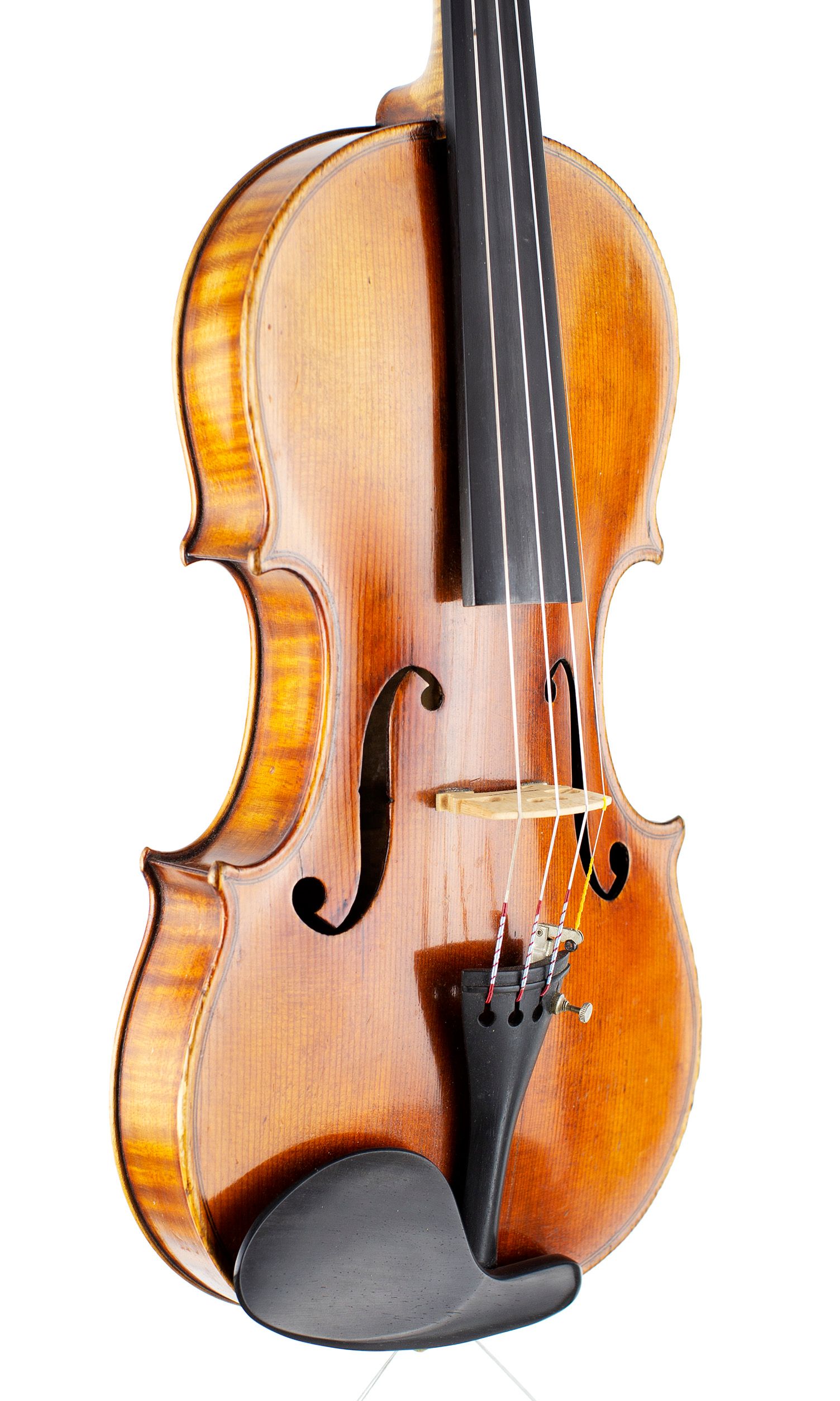 Violin by Amati Mangenot, Bordeaux, circa 1920 — angled view, 40°