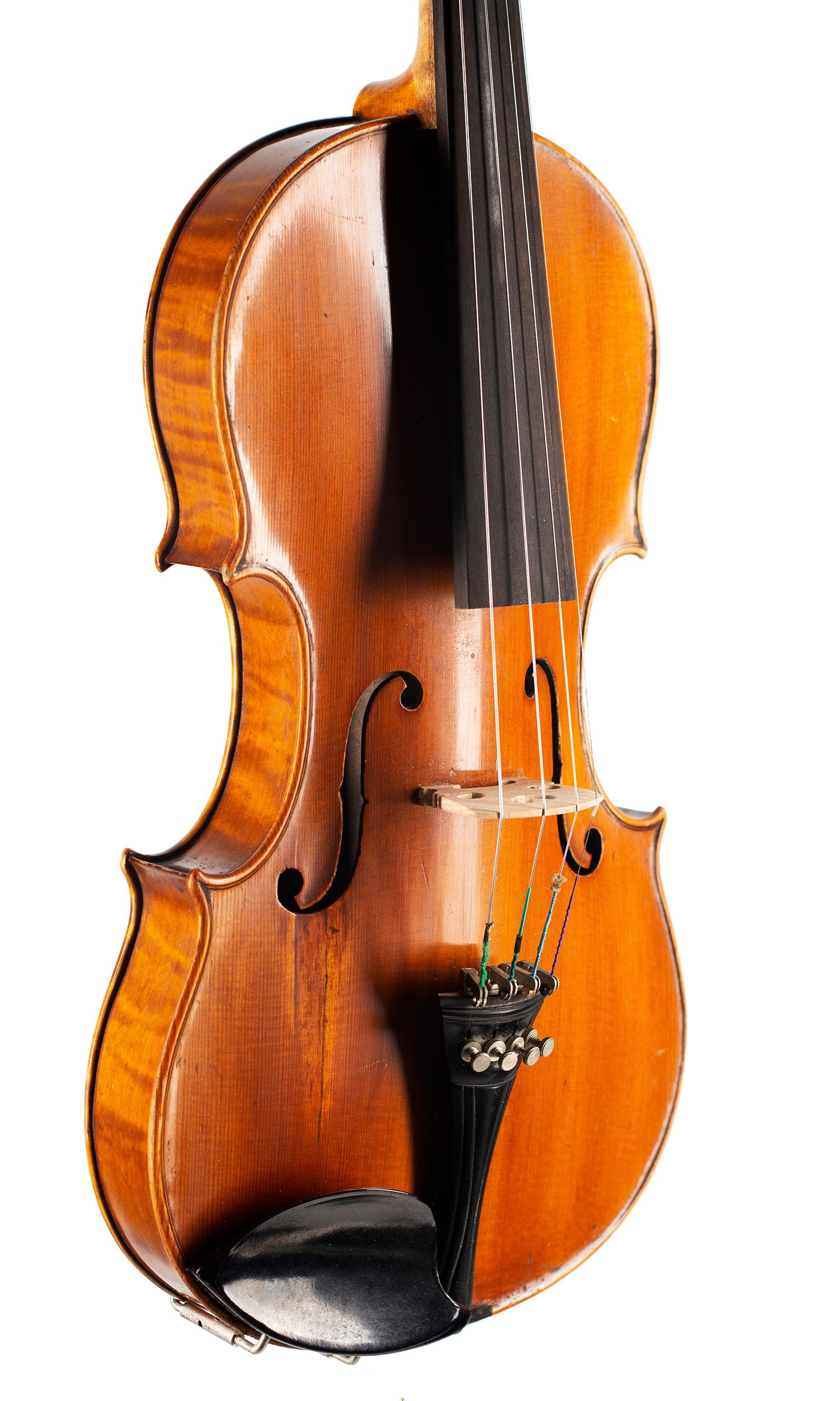 Violin, Workshop of E. R. Schmidt & Co., Saxony — angled view, 40°