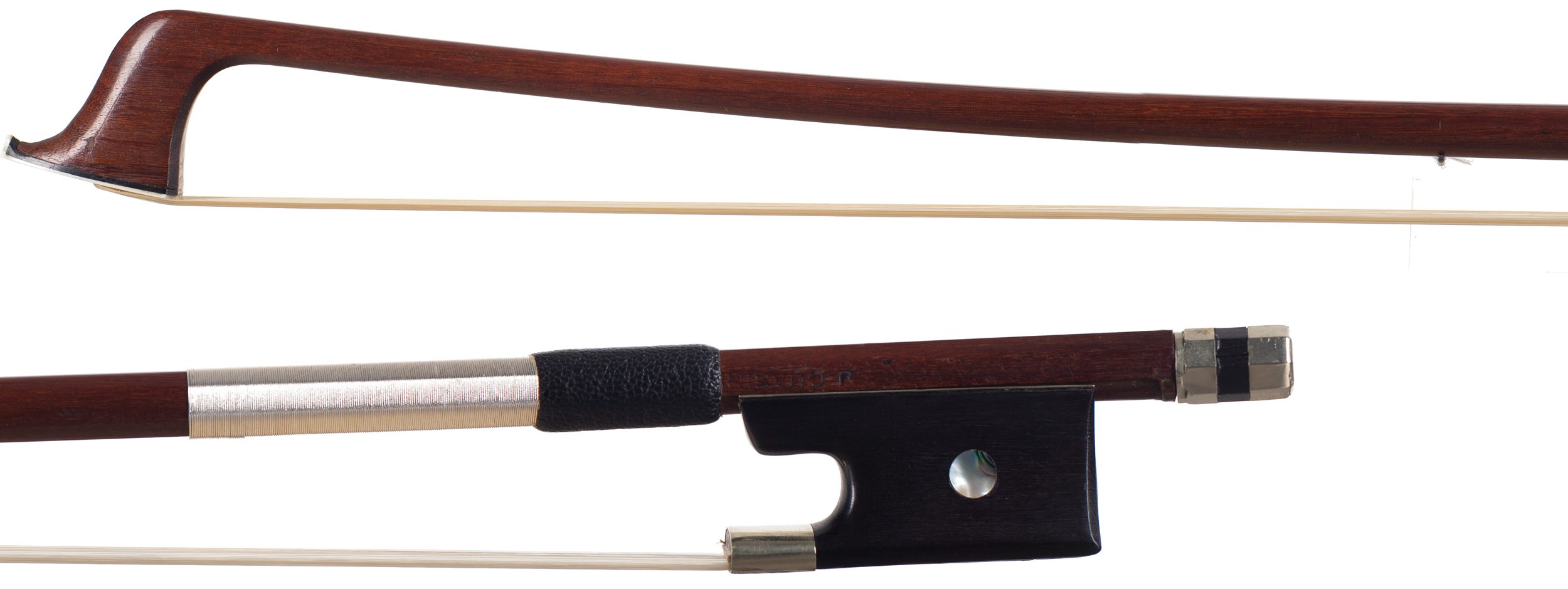 A nickel-mounted cello bow by Jean-Joseph Martin, France, 19th Century — head and frog