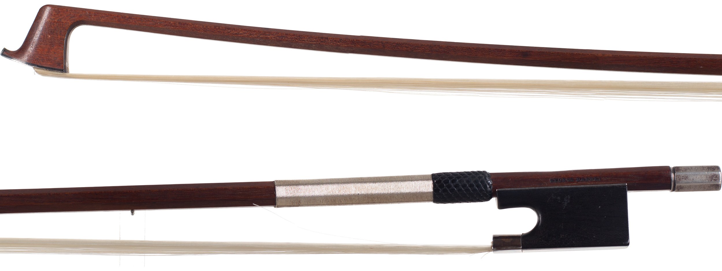 A silver-mounted violin bow by George Darbey, Bristol, circa 1910 — head and frog