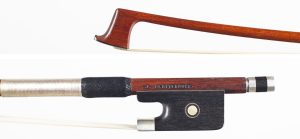 A silver-mounted viola bow by John Clutterbuck — head and frog