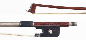 A silver-mounted viola bow by Marco Raposo — head and frog
