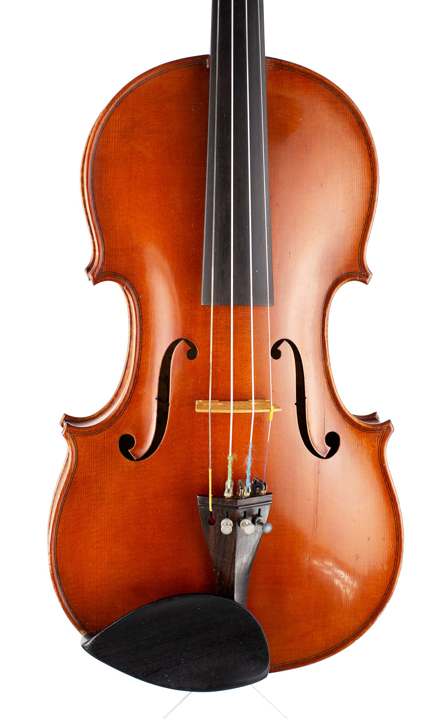 Violin, Workshop of Rene Morizot, Mirecourt, 20th Century — angled view, 10°