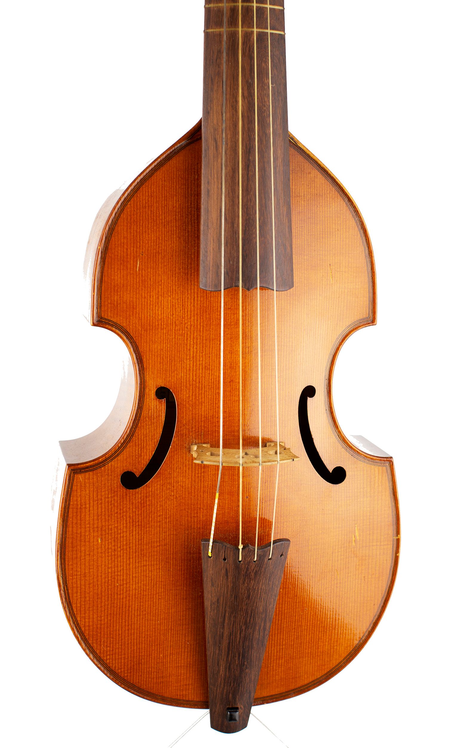 Treble viol by Dietrich M. Kessler, London, 1959 — angled view, 10°