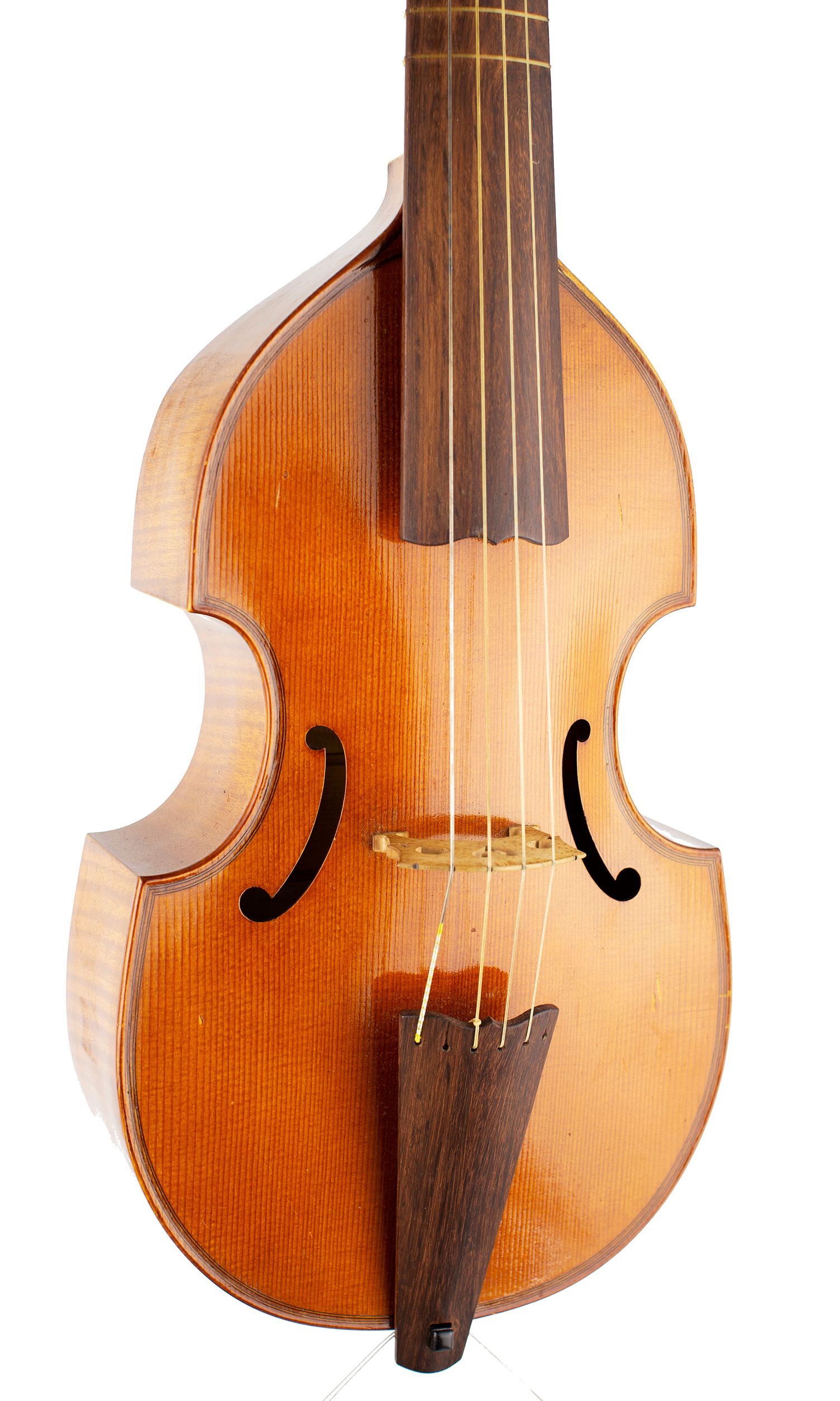 Treble viol by Dietrich M. Kessler, London, 1959 — angled view, 20°