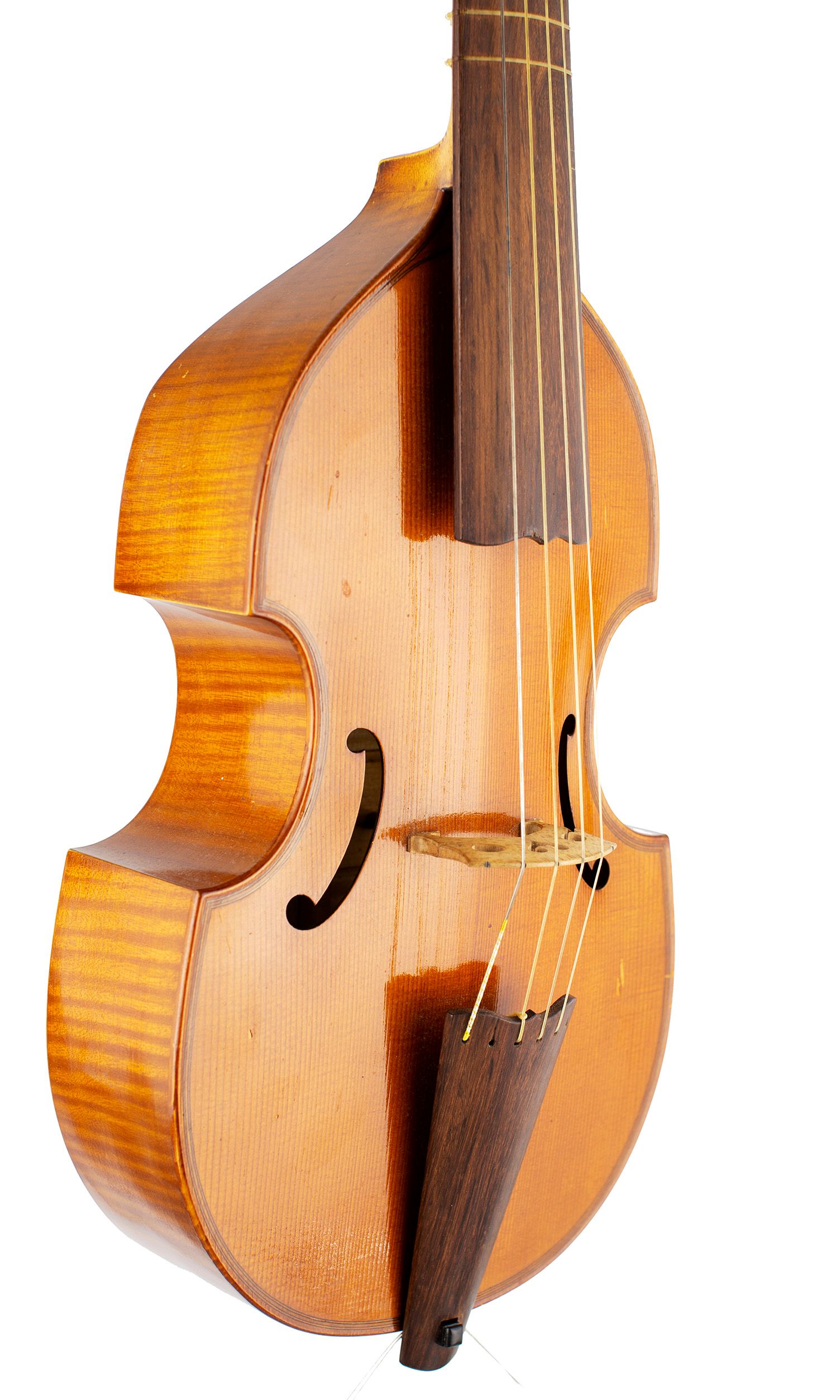 Treble viol by Dietrich M. Kessler, London, 1959 — angled view, 40°